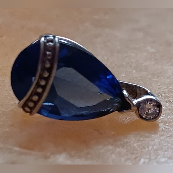 Faux Blue Sapphire Tear Drop Silver Pendant - Picture 2 of 10